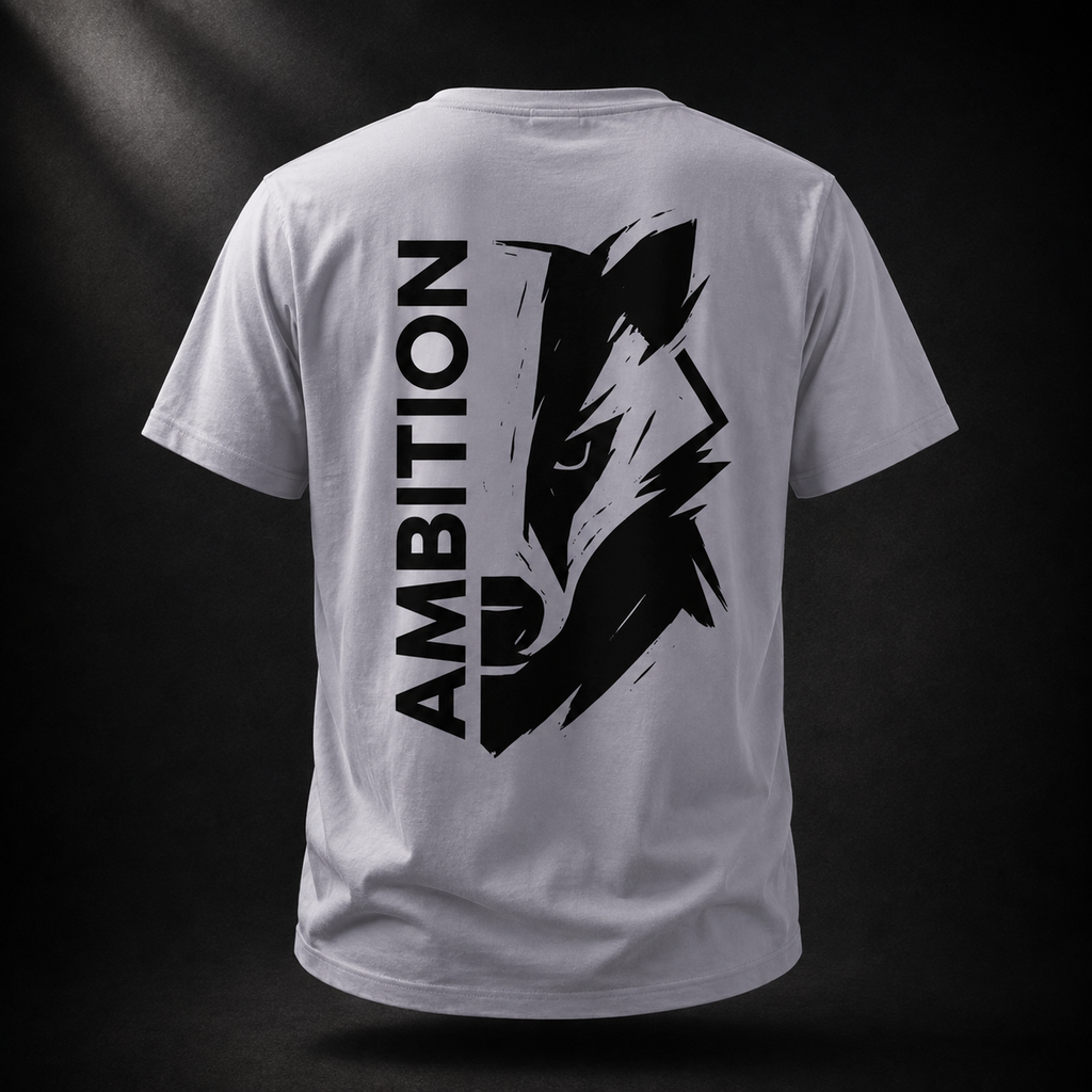 Rückseite des lavendelfarbenen Ambition Badger Organic T-Shirts mit schwarzer Badgergrafik und vertikalem AMBITION-Schriftzug im dunklen Studiolicht
