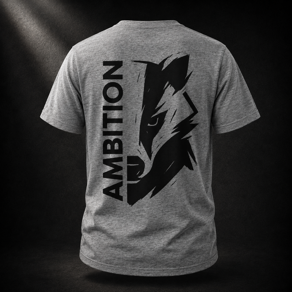 Rückseite des grau melierten Ambition Badger Organic T-Shirts mit schwarzer Badgergrafik und vertikalem AMBITION-Schriftzug
