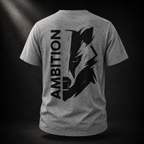 Rückseite des grau melierten Ambition Badger Organic T-Shirts mit schwarzer Badgergrafik und vertikalem AMBITION-Schriftzug
