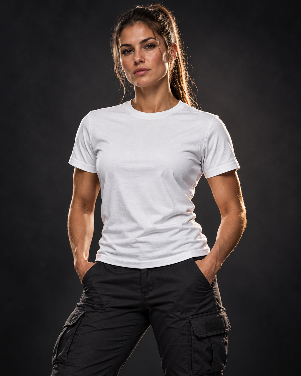 Athletische Soldatin in weißem T-Shirt ohne Frontprint und schwarzer Cargo-Hose vor anthrazitfarbenem Studiohintergrund.