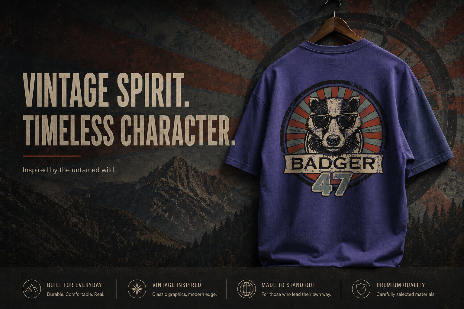 Collection Banner für das BADGER 47 T-Shirt mit violettem Shirt, Vintage-Dachs-Motiv und dem Slogan „Vintage Spirit. Timeless Character.“ vor rustikalem Outdoor-Hintergrund.
