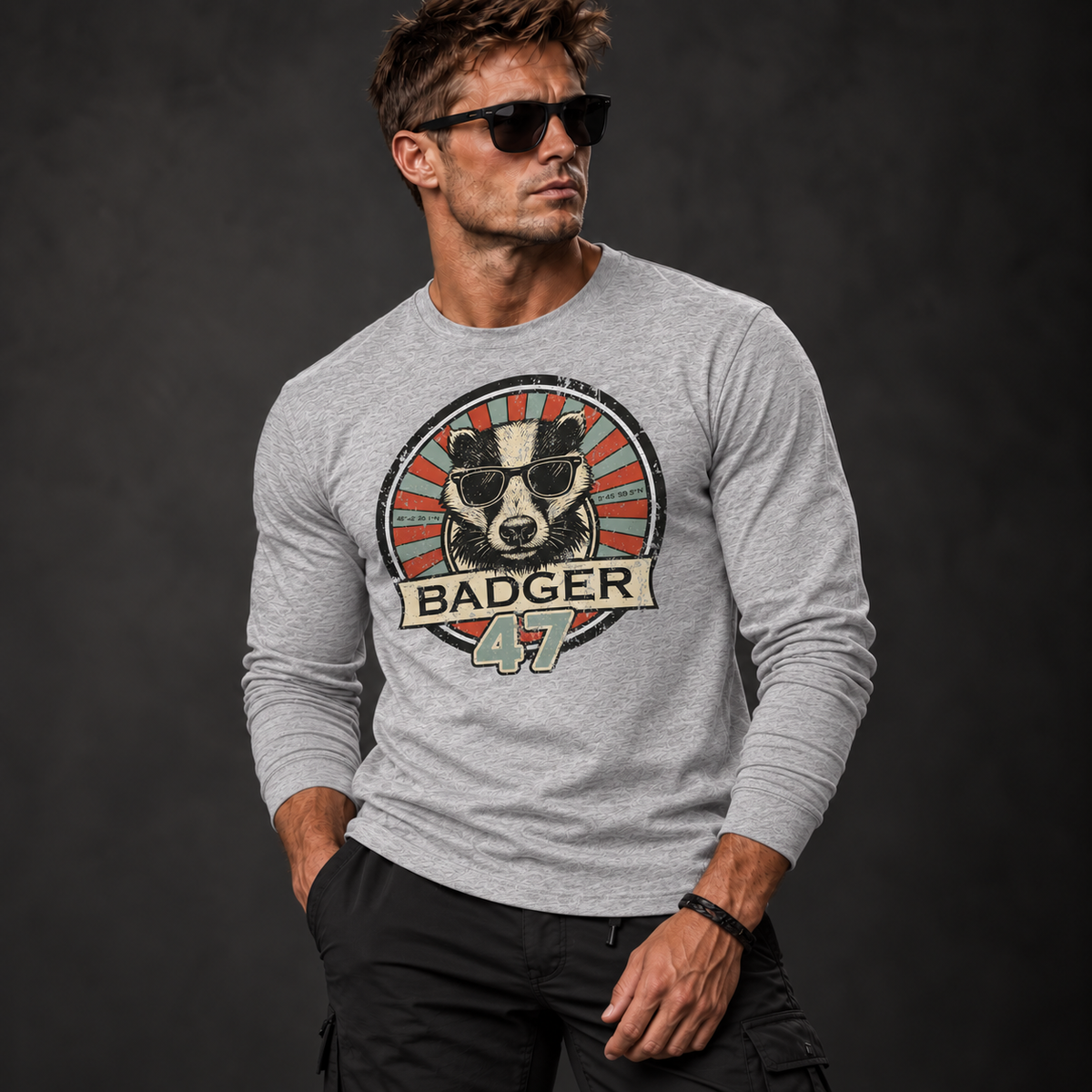 Athletisches männliches Model mit Sonnenbrille trägt ein heather-graues Badger 47 Longsleeve mit Vintage-Grafik und schwarze Hose vor anthrazitfarbenem Studiohintergrund.