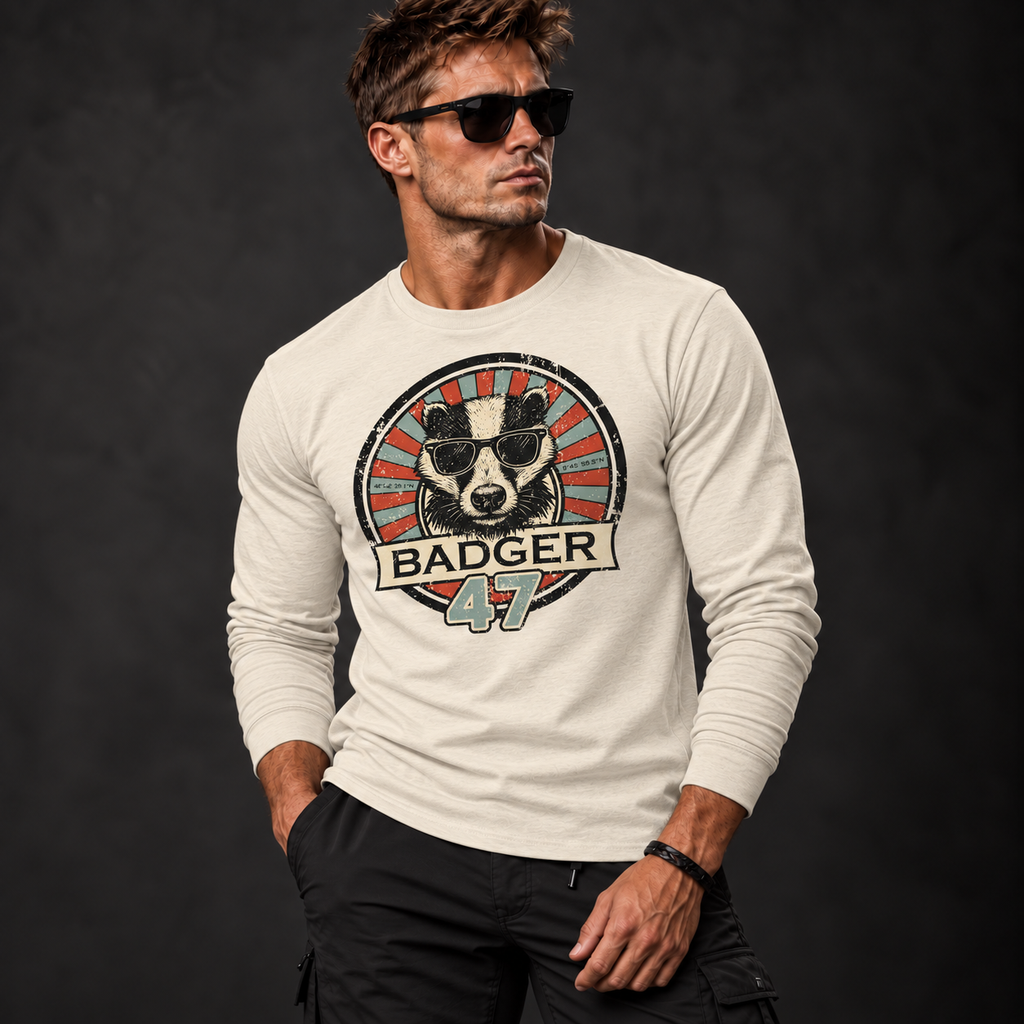 Athletisches männliches Model mit Sonnenbrille trägt ein naturfarbenes Badger 47 Longsleeve in Natural Raw mit Vintage-Grafik und schwarze Hose vor anthrazitfarbenem Studiohintergrund.