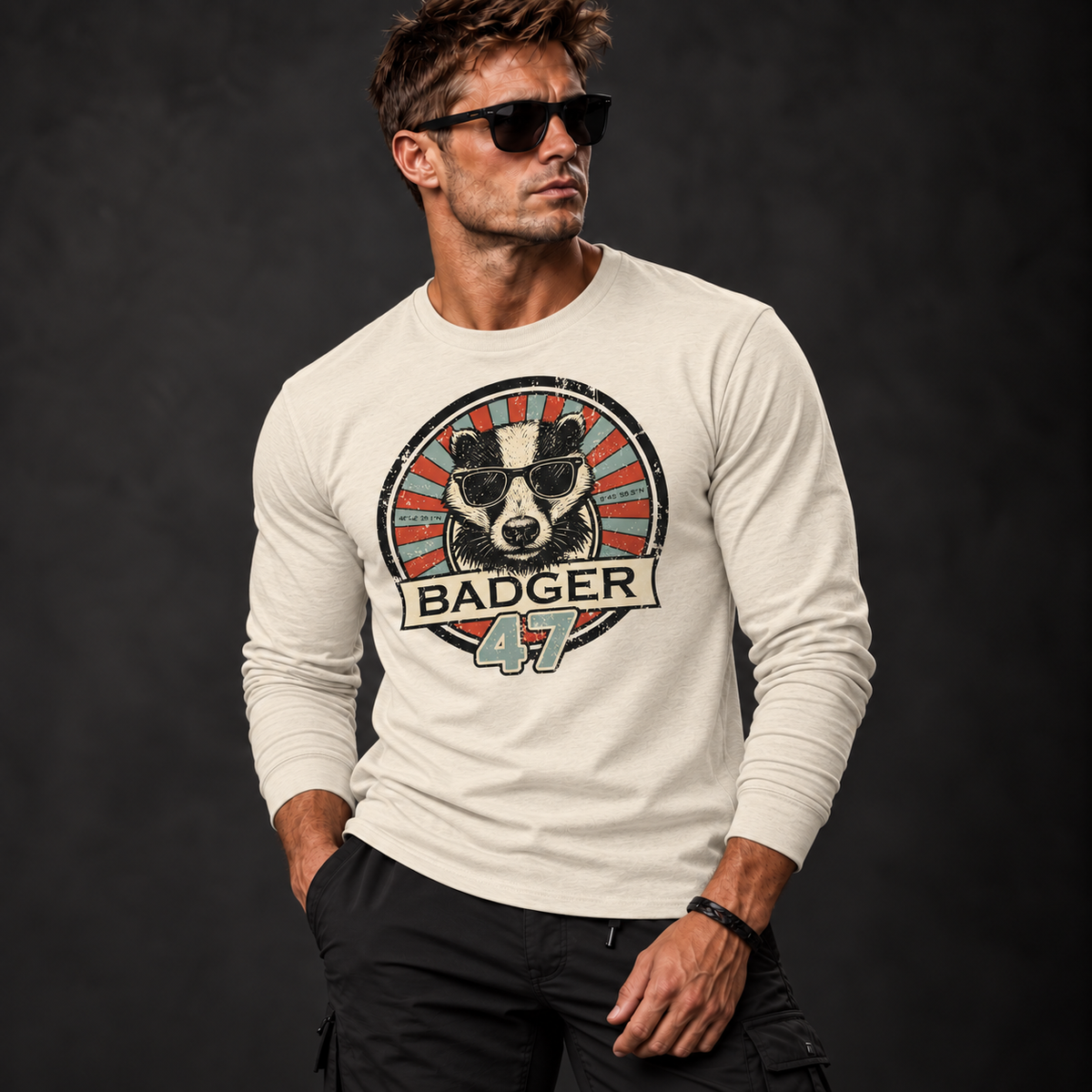 Athletisches männliches Model mit Sonnenbrille trägt ein naturfarbenes Badger 47 Longsleeve in Natural Raw mit Vintage-Grafik und schwarze Hose vor anthrazitfarbenem Studiohintergrund.