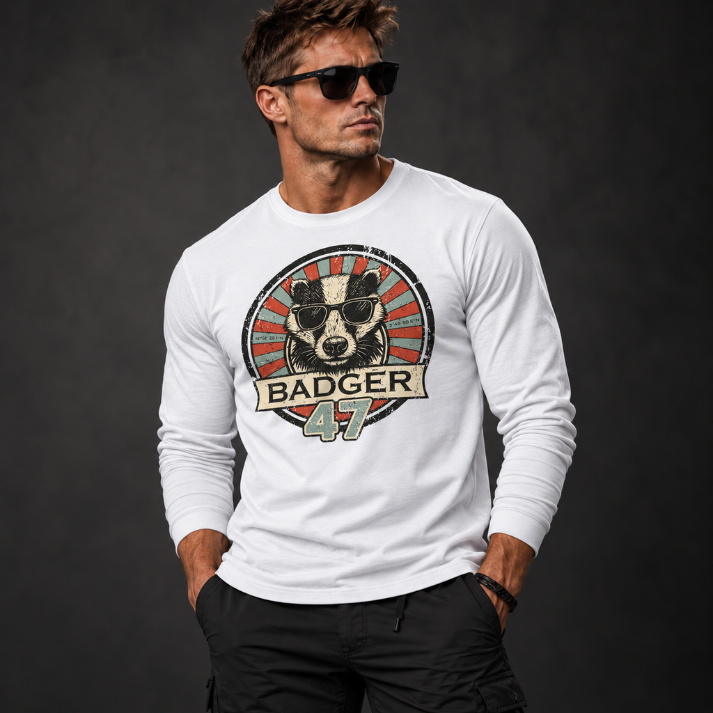 Athletisches männliches Model mit Sonnenbrille trägt ein weißes Badger 47 Longsleeve mit Vintage-Grafik und schwarze Hose vor anthrazitfarbenem Studiohintergrund.