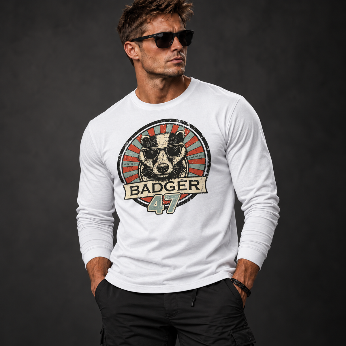 Athletisches männliches Model mit Sonnenbrille trägt ein weißes Badger 47 Longsleeve mit Vintage-Grafik und schwarze Hose vor anthrazitfarbenem Studiohintergrund.