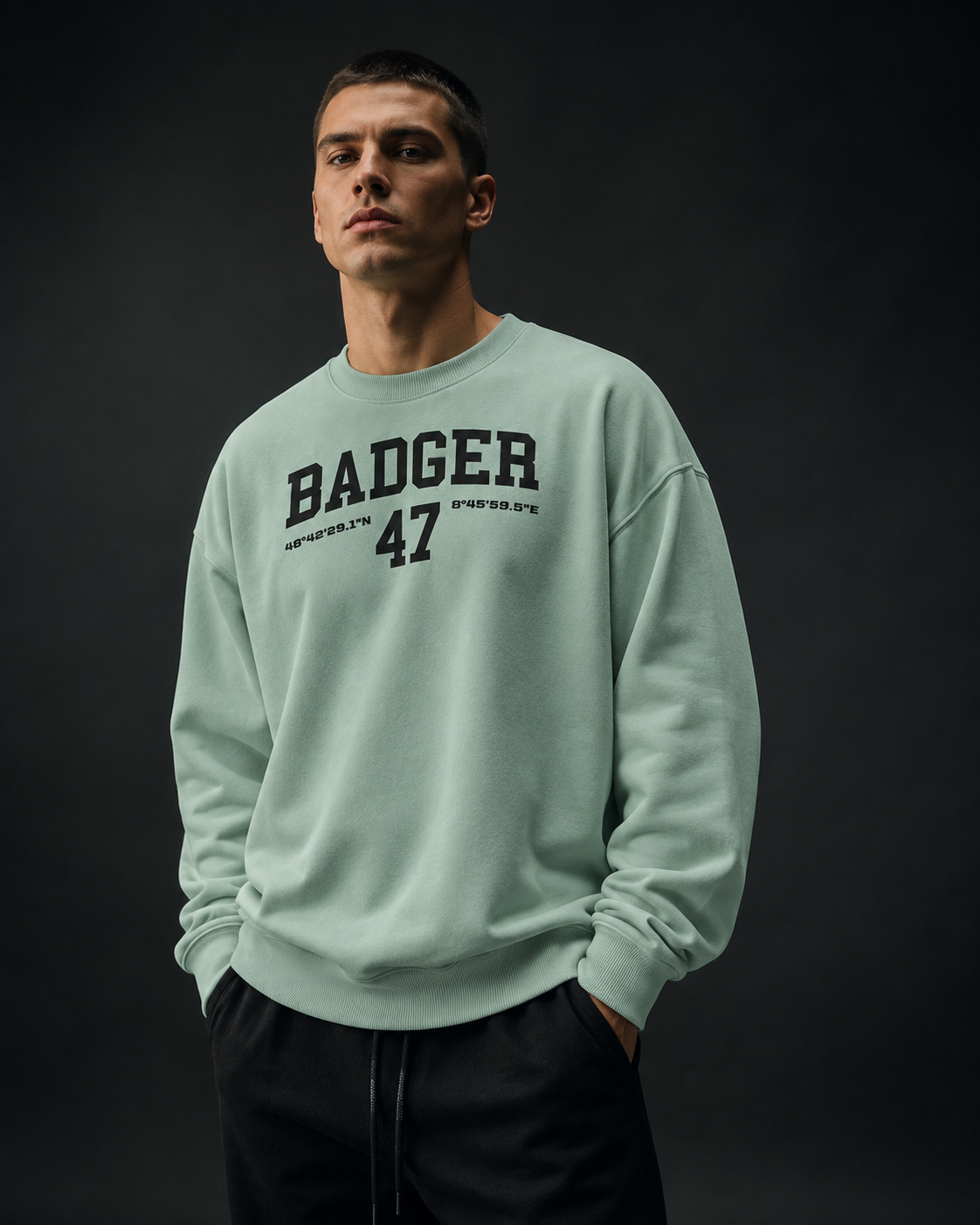 Männliches Model trägt das Badger 47 Oversize Sweatshirt in Misty Jade mit schwarzem Frontprint in lockerem SOF Streetwear-Look vor dunklem Studiohintergrund.