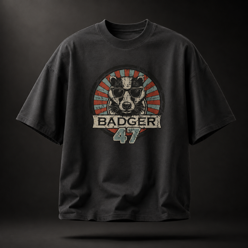Schwarzes Badger 47 Oversized T-Shirt mit Vintage-Dachs-Grafik, schwebend vor dunklem Studiohintergrund