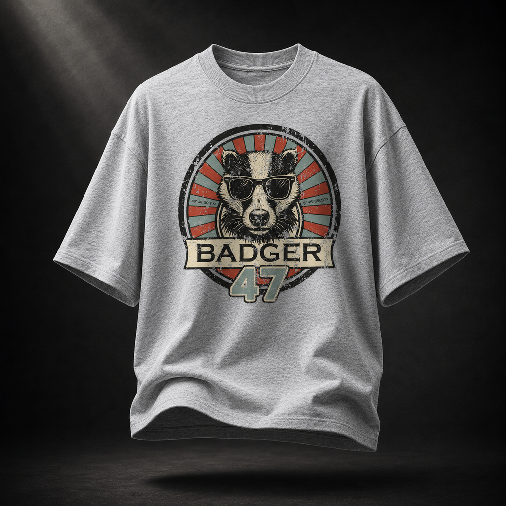 Grau meliertes Badger 47 Oversized T-Shirt mit Vintage-Dachs-Grafik, natürlichen Falten und schwebender Darstellung