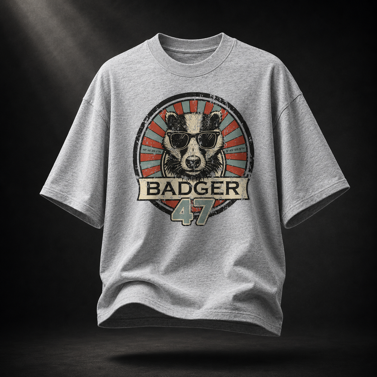 Grau meliertes Badger 47 Oversized T-Shirt mit Vintage-Dachs-Grafik, natürlichen Falten und schwebender Darstellung
