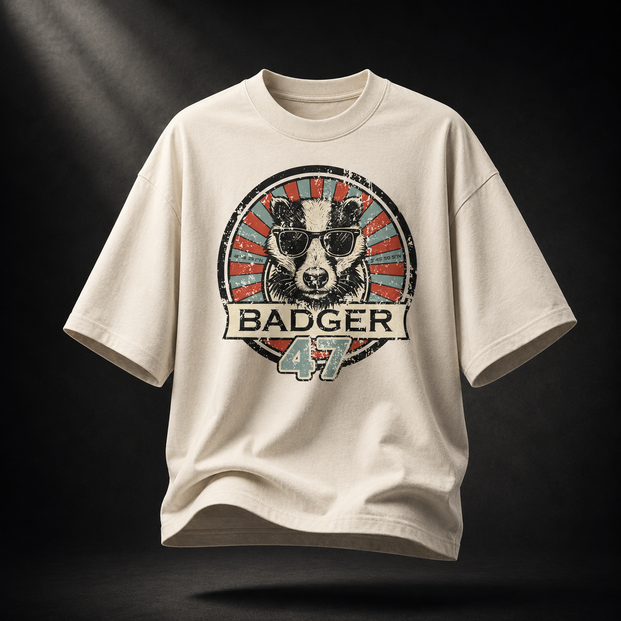 Naturfarbenes Badger 47 Oversized T-Shirt in Natural Raw mit Vintage-Dachs-Grafik vor dunklem Studiohintergrund
