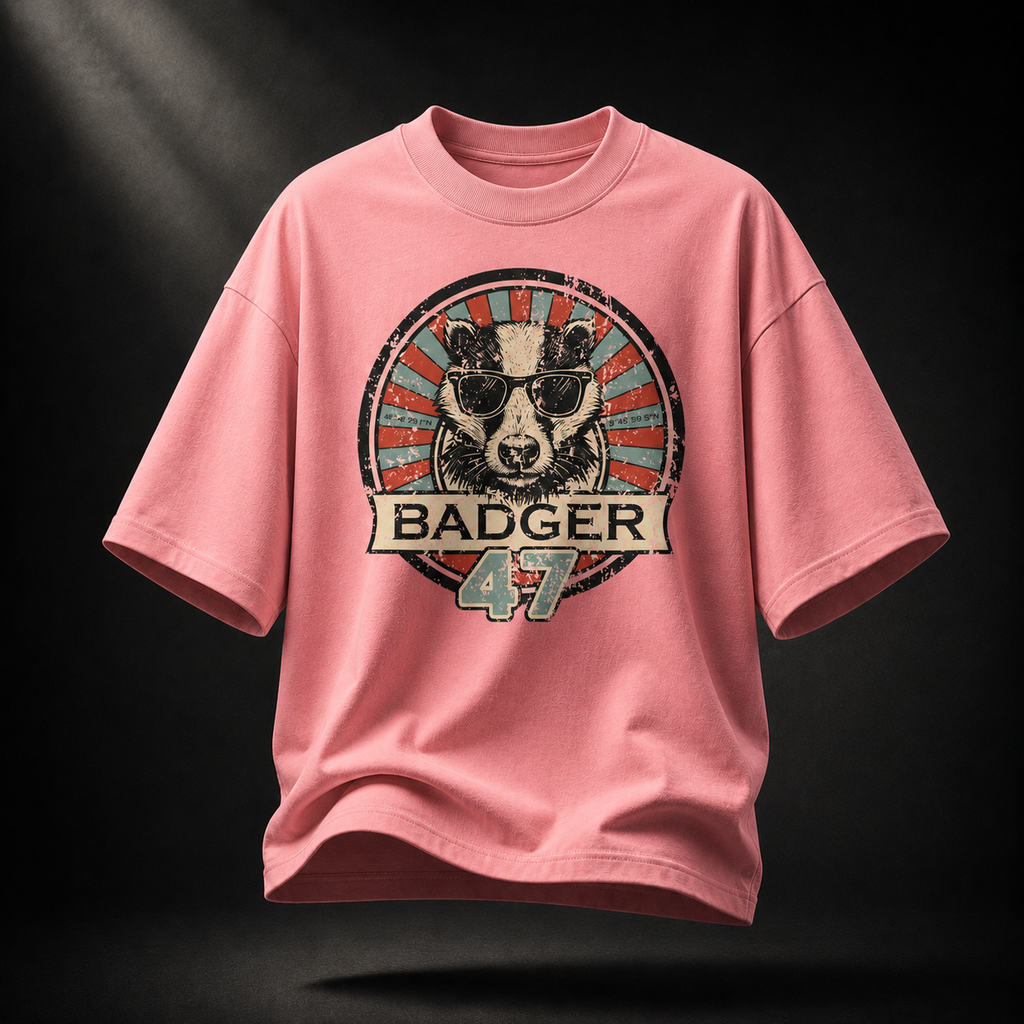 Rosafarbenes Badger 47 Oversized T-Shirt in Pink Joy mit Vintage-Dachs-Grafik und natürlichem Faltenwurf
