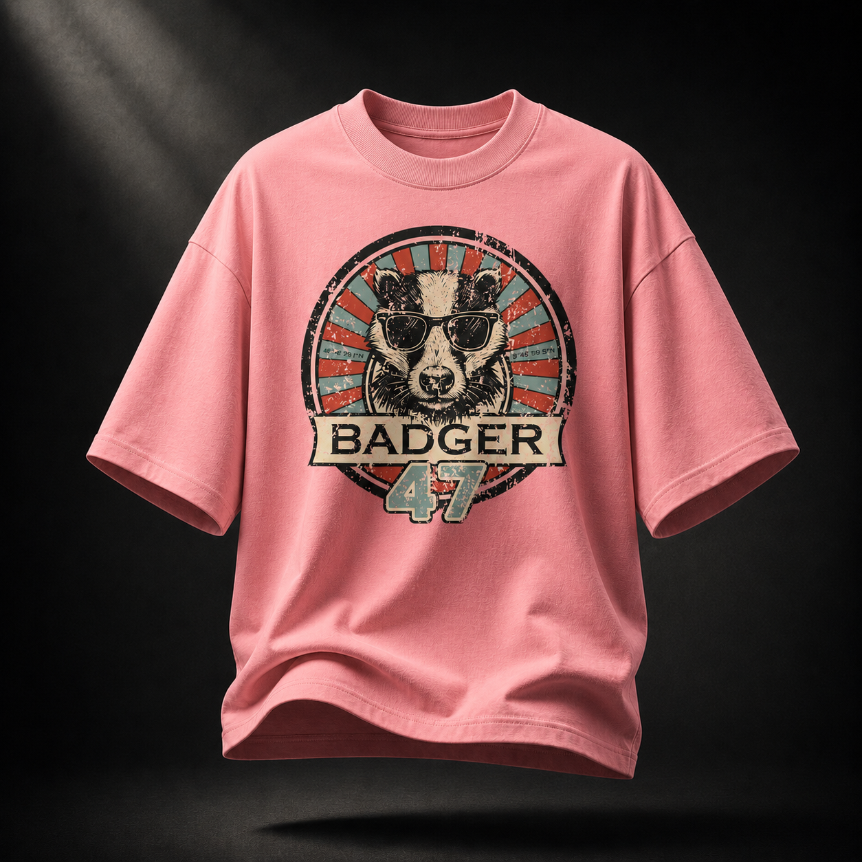 Rosafarbenes Badger 47 Oversized T-Shirt in Pink Joy mit Vintage-Dachs-Grafik und natürlichem Faltenwurf

