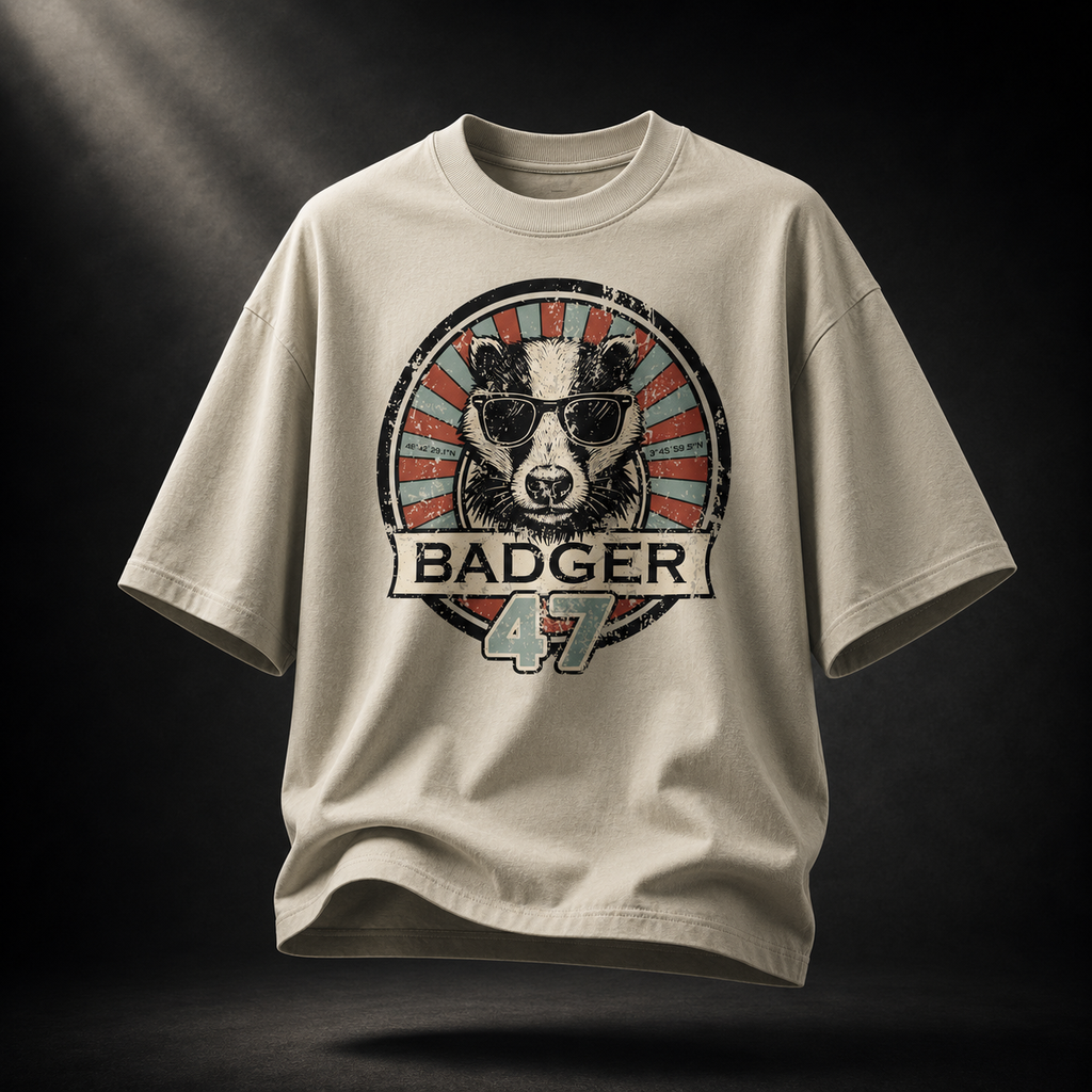 Beigefarbenes Badger 47 Oversized T-Shirt in Stone mit Vintage-Dachs-Grafik im dramatischen Studiolicht
