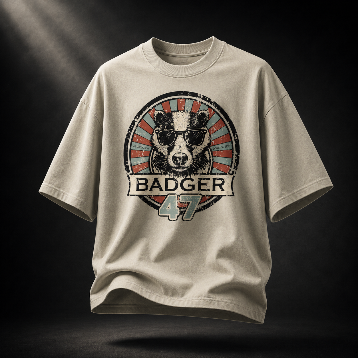 Beigefarbenes Badger 47 Oversized T-Shirt in Stone mit Vintage-Dachs-Grafik im dramatischen Studiolicht
