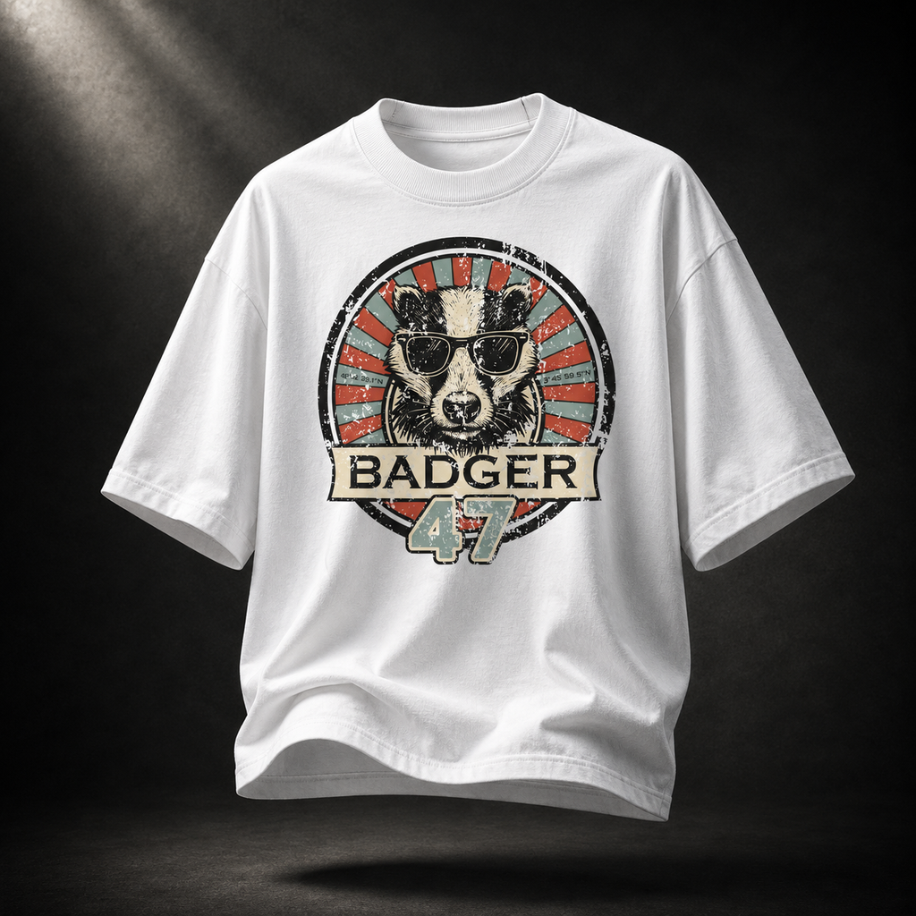 Weißes Badger 47 Oversized T-Shirt mit Vintage-Dachs-Grafik, schwebend vor anthrazitfarbenem Studiohintergrund