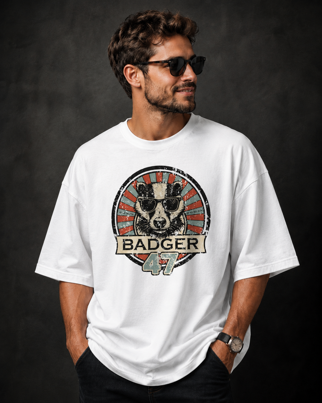 Weißes Oversized Herren T-Shirt mit Vintage Badger 47 Print und Dachs mit Sonnenbrille
