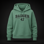 Damen Bio-Hoodie in Green Bay mit schwarzem BADGER 47 Varsity-Print auf der Vorderseite