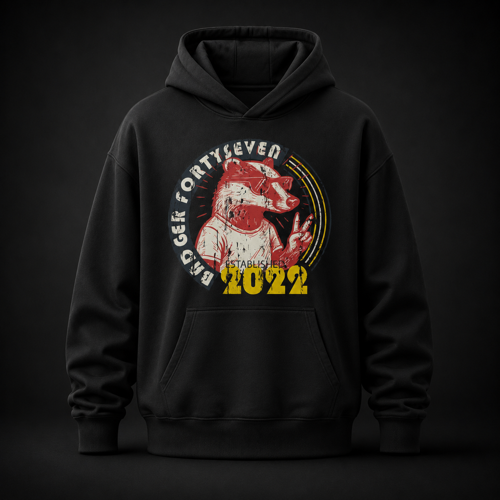 Schwarzer Oversized Hoodie mit Badger Forty Seven Vintage-Grafik auf der Vorderseite