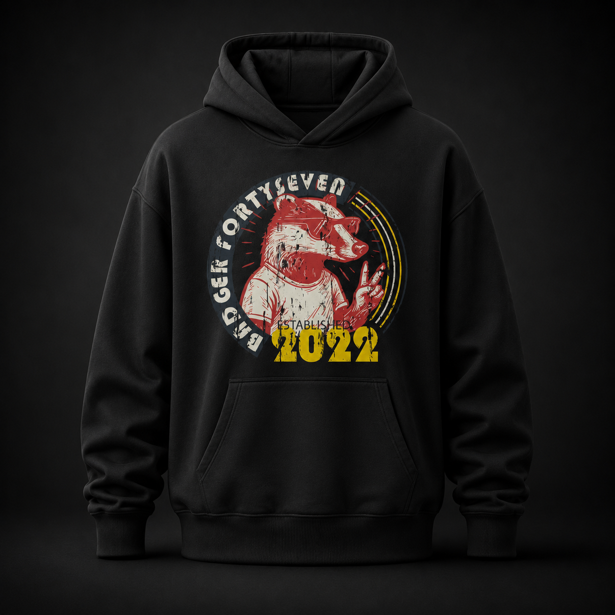 Schwarzer Oversized Hoodie mit Badger Forty Seven Vintage-Grafik auf der Vorderseite