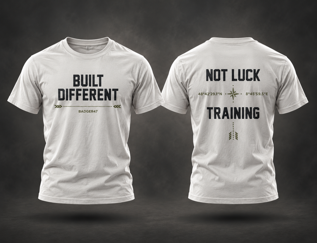 BADGER47 Built Different T-Shirt als Ghost-Mockup mit Not Luck Training Rückenprint

