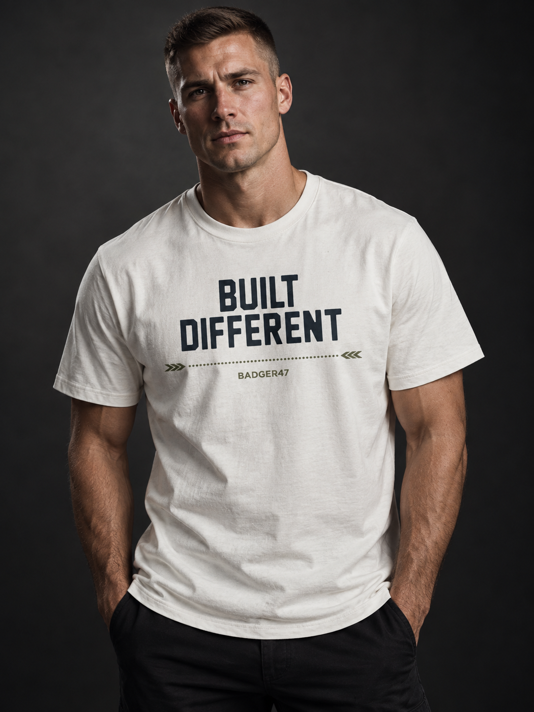 Athletisches Männermodel trägt das helle BADGER47 T-Shirt „Built Different“ von vorne.
