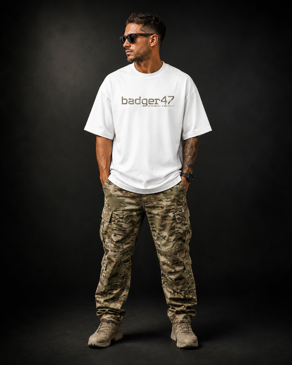 BADGER47 FIELD Organic Oversize T-Shirt in White mit Multicam-Logo, getragen mit Multicam-Cargohose im dunklen Studio
