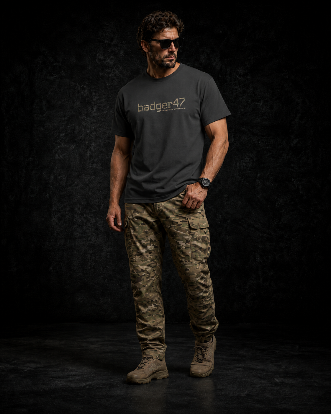 BADGER47 FIELD Organic T-Shirt in Anthracite mit Multicam-Logo, getragen mit Multicam-Hose im dunklen Studio