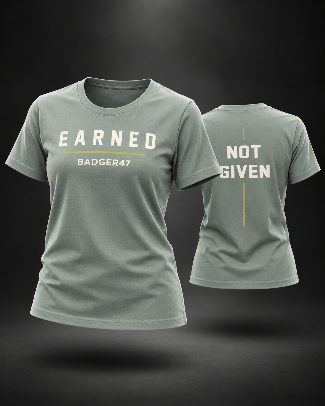 BADGER47 FORGED EARNED Damen-T-Shirt in Aloe als schwebendes 3D Ghost Mockup mit Vorder- und Rückseite