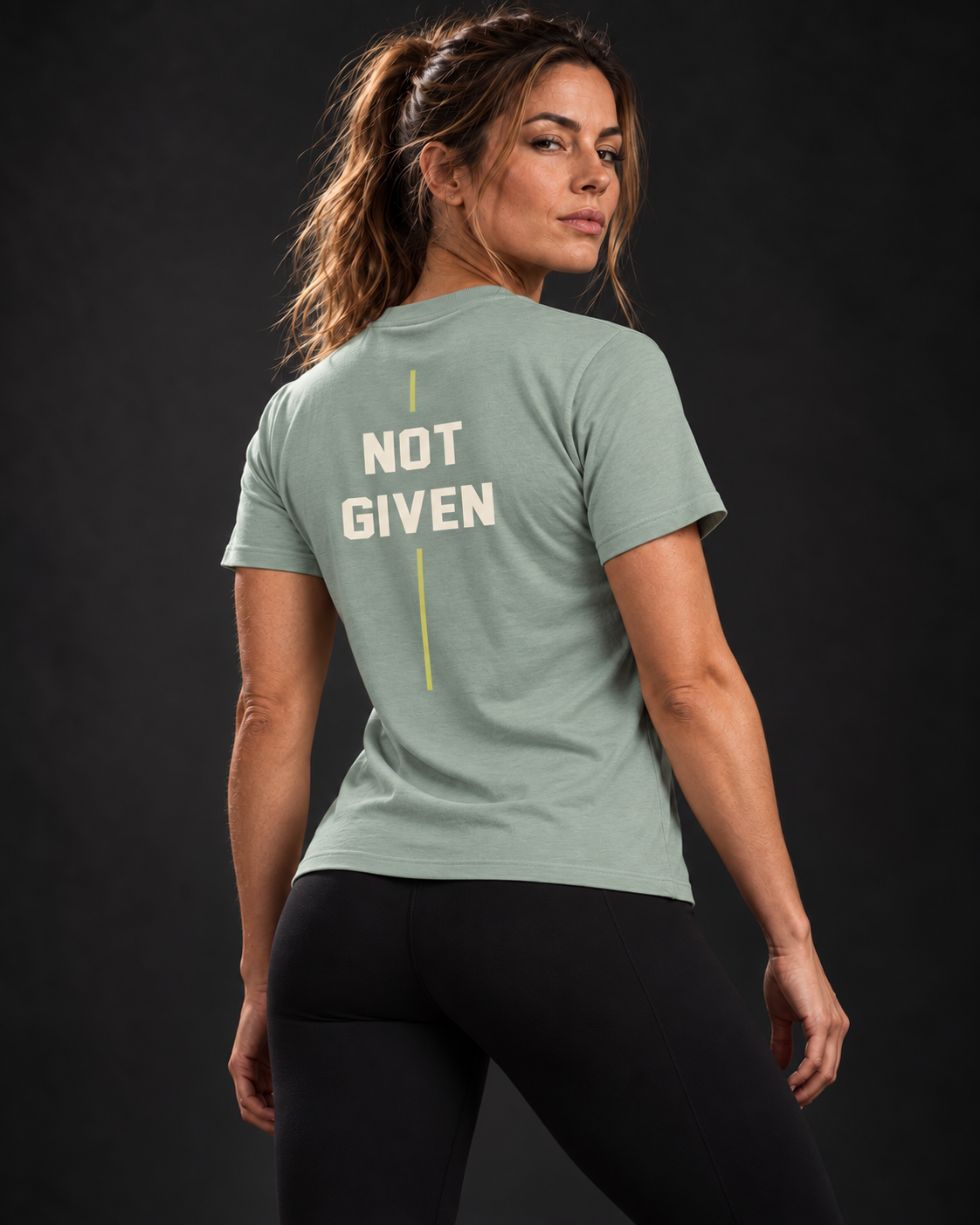 BADGER47 FORGED Damen-T-Shirt EARNED in Aloe – Rückseite mit NOT GIVEN Print