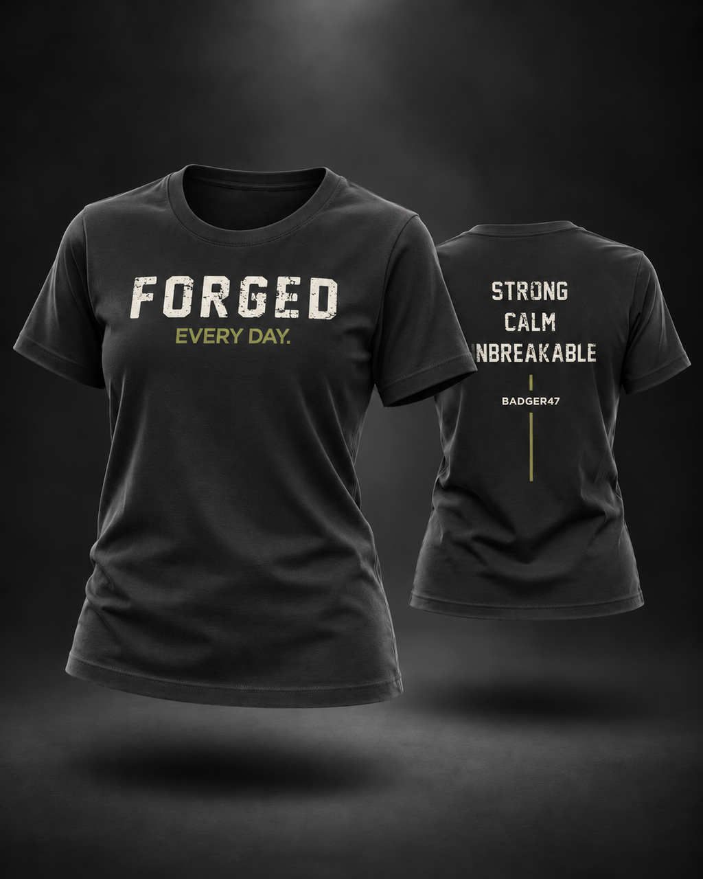 BADGER47 FORGED EVERY DAY Damen-T-Shirt in Schwarz als schwebendes 3D Ghost Mockup mit Vorder- und Rückseite