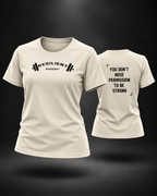 BADGER47 FORGED RESILIENT Damen-T-Shirt in Natural Raw als schwebendes 3D Ghost Mockup mit Vorder- und Rückseite