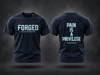 BADGER47 T-Shirt in Black als Ghost-Mockup mit Forged Under Pressure Frontprint und Pain Is A Privilege Rückenprint