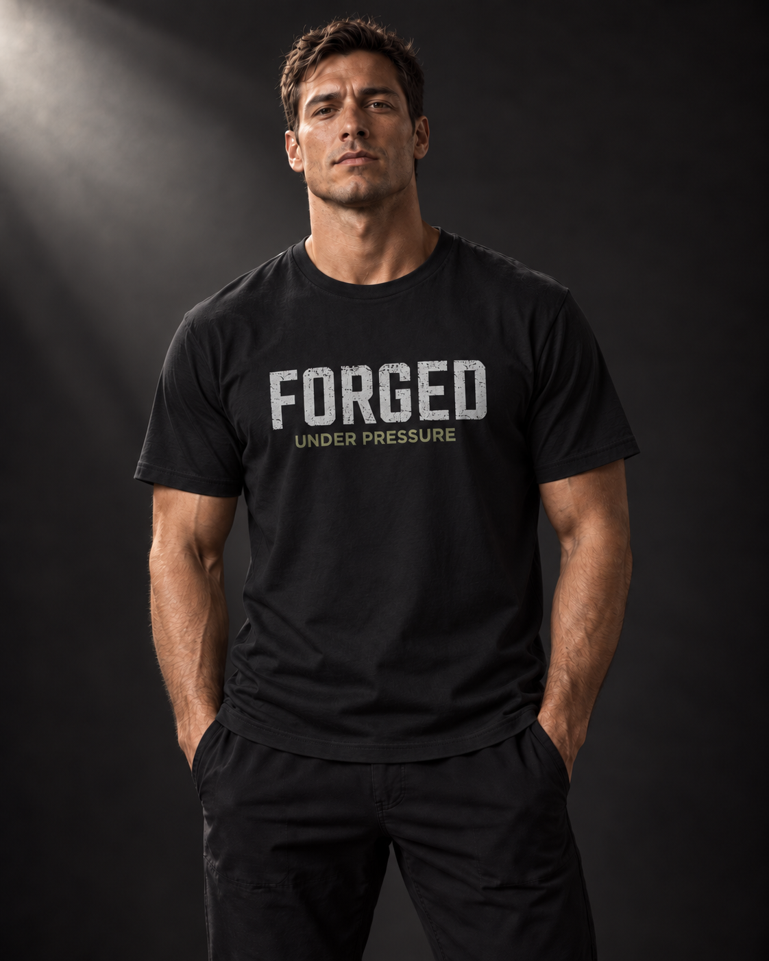 Athletisches Männermodel trägt das schwarze BADGER47 T-Shirt „Forged Under Pressure“ von vorne.