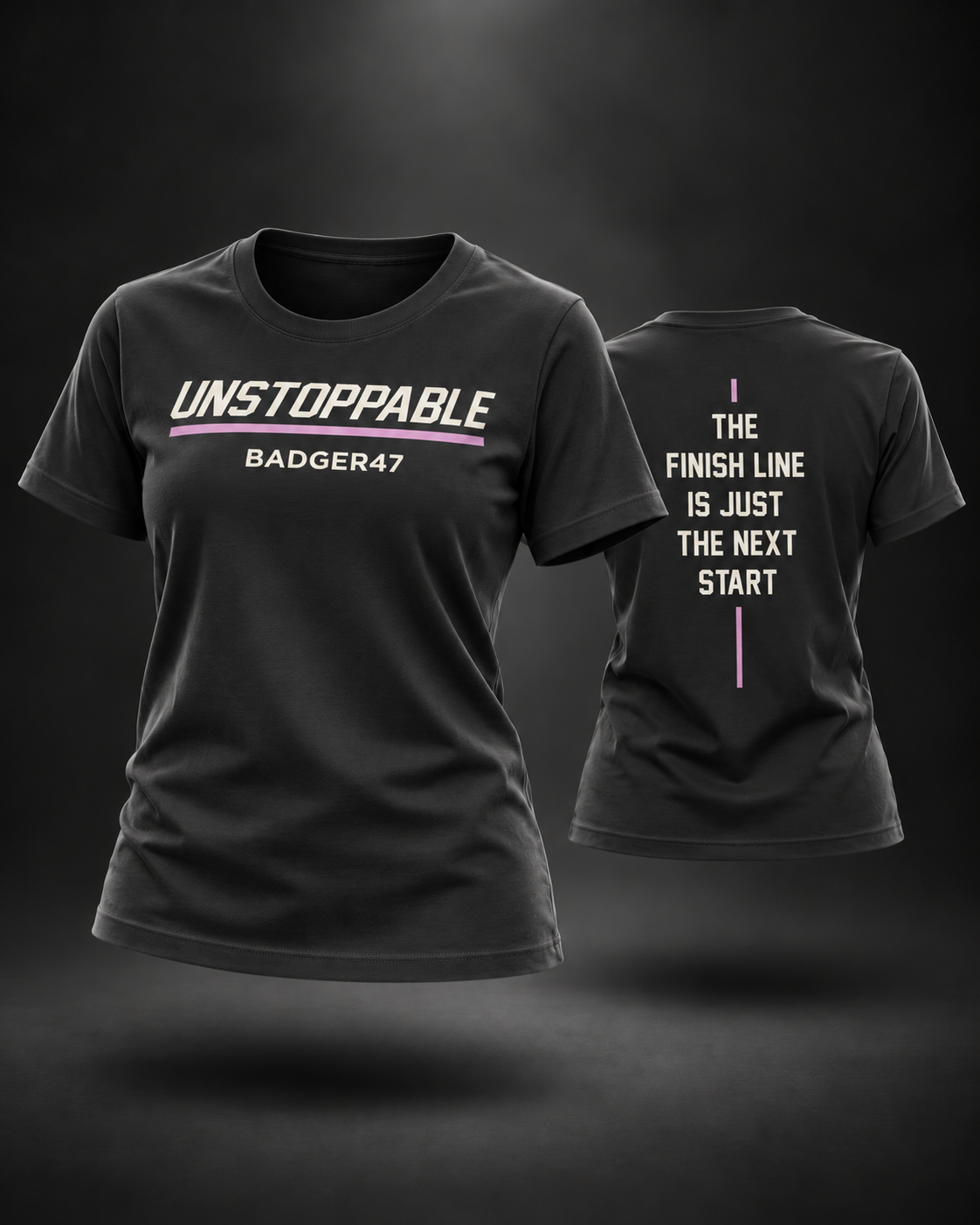 BADGER47 FORGED UNSTOPPABLE Damen-T-Shirt in Schwarz als schwebendes 3D Ghost Mockup mit Vorder- und Rückseite