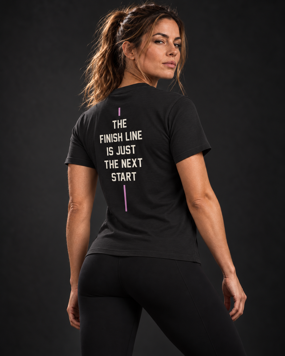 BADGER47 FORGED Damen-T-Shirt UNSTOPPABLE in Schwarz – Rückseite mit THE FINISH LINE IS JUST THE NEXT START Print