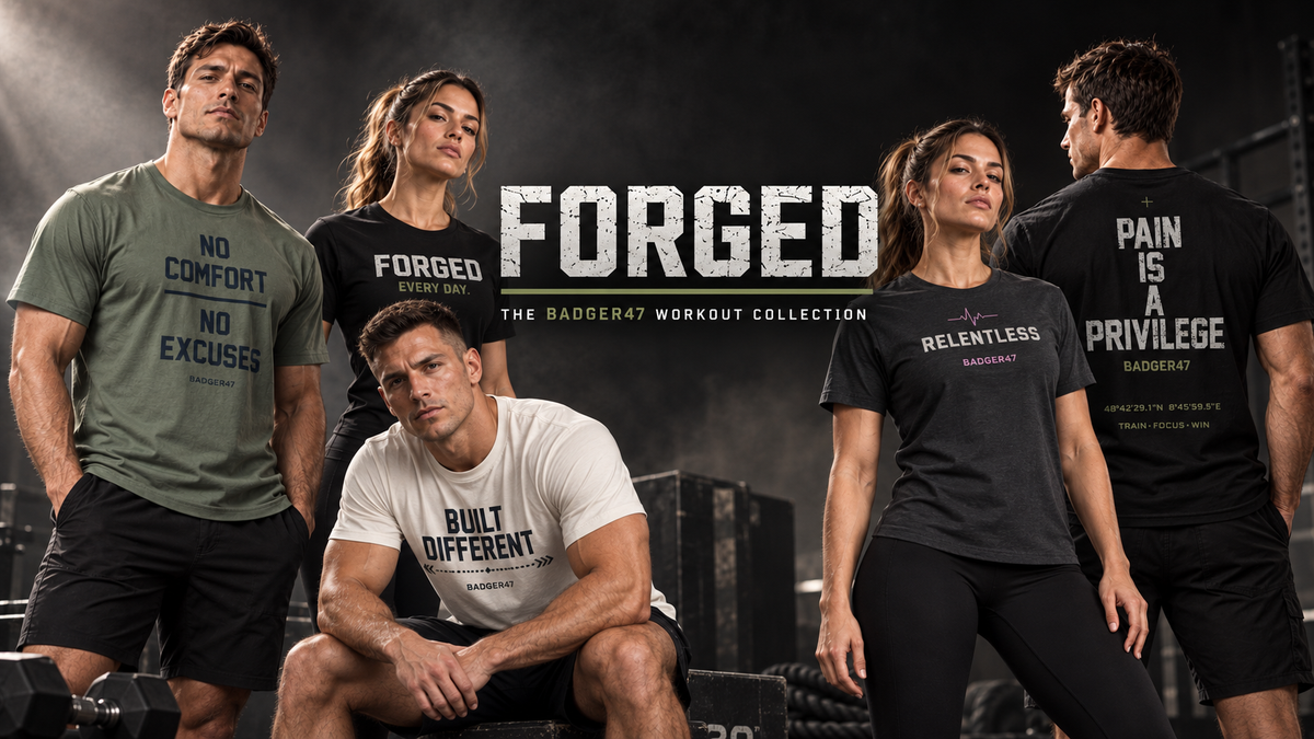 BADGER47 FORGED Workout Collection mit Frauen und Männern in bedruckten Trainingsshirts im Gym
