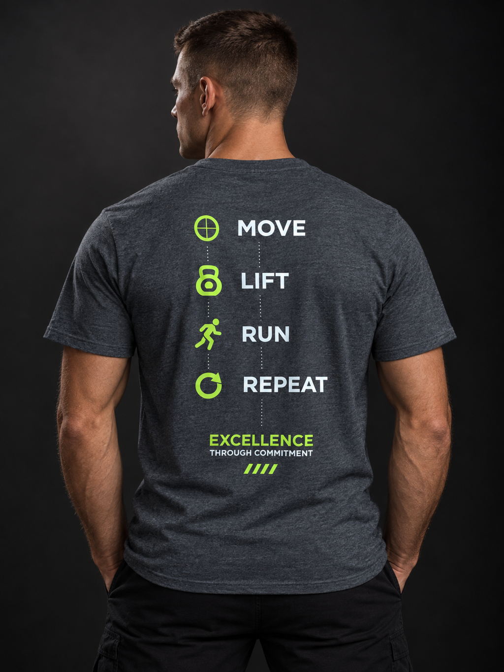 Rückansicht des BADGER47 T-Shirts in Dark Heather Grey mit „Move Lift Run Repeat“-Grafik und „Excellence Through Commitment“-Print.