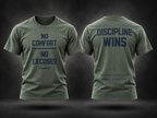 BADGER47 T-Shirt in Natural Raw als Ghost-Mockup mit No Comfort No Excuses Frontprint und Discipline Wins Rückenprint