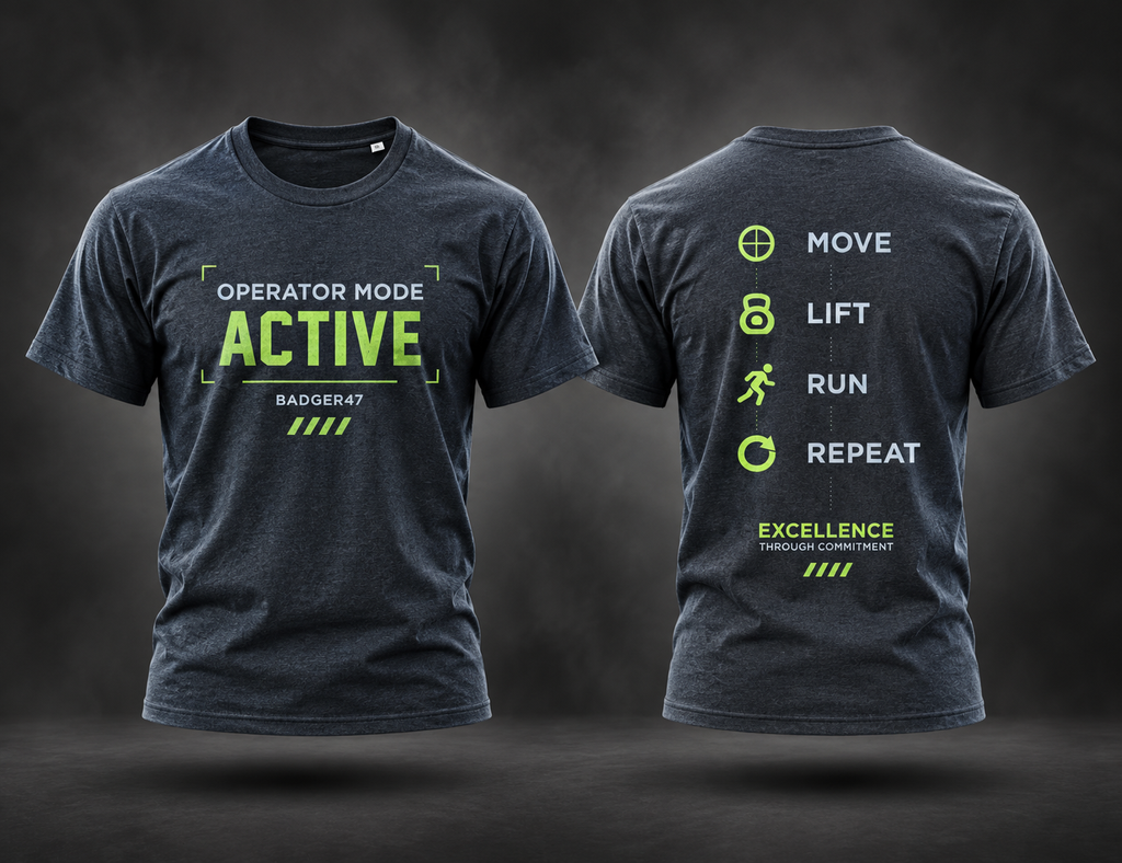 BADGER47 Operator Mode Active T-Shirt als Ghost-Mockup mit Move Lift Run Repeat Rückenprint
