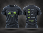 BADGER47 Operator Mode Active T-Shirt als Ghost-Mockup mit Move Lift Run Repeat Rückenprint
