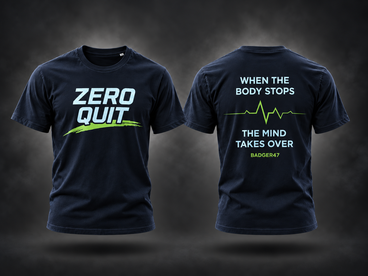 BADGER47 Zero Quit T-Shirt als Ghost-Mockup mit When The Body Stops The Mind Takes Over Rückenprint