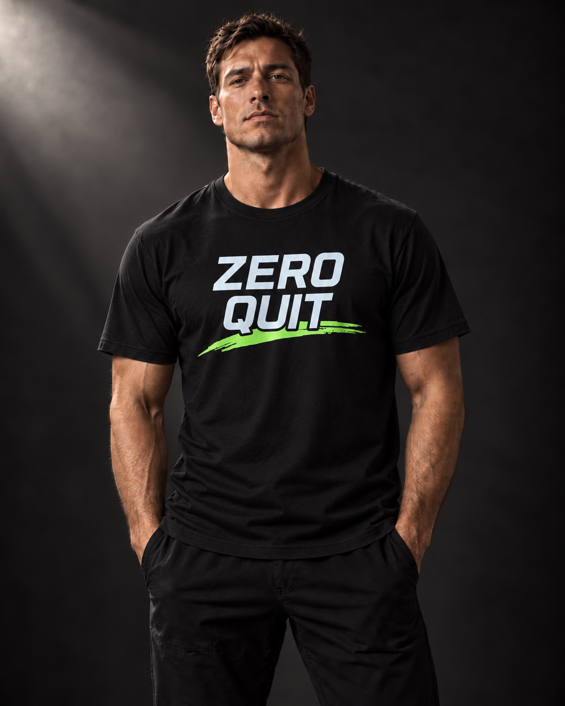 Athletisches Männermodel trägt das schwarze BADGER47 T-Shirt „Zero Quit“ mit neongrünem Detail von vorne.
