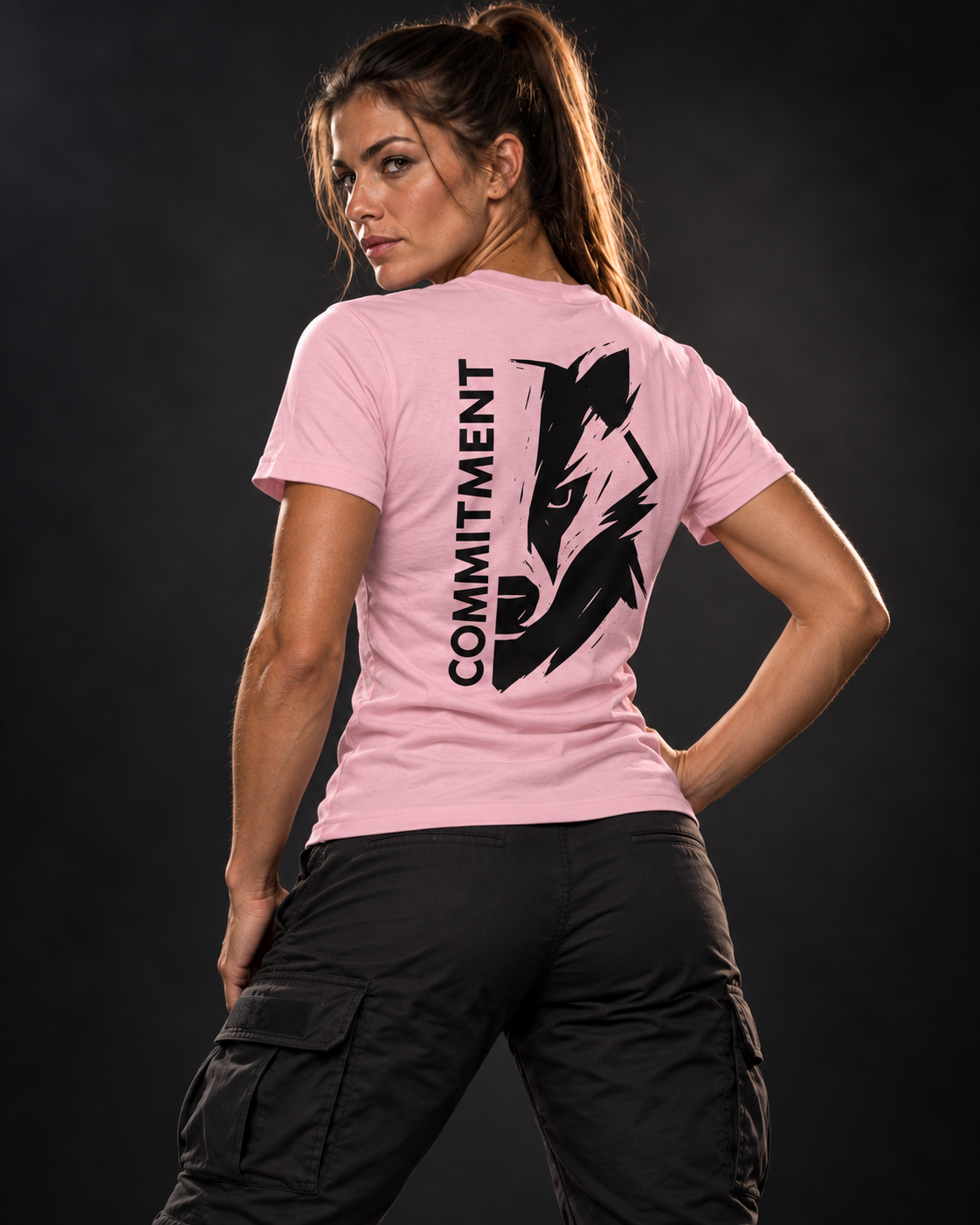 Athletische Frau in pinkem T-Shirt mit schwarzem COMMITMENT Wolf-Print auf dem Rücken und schwarzer Cargo-Hose.