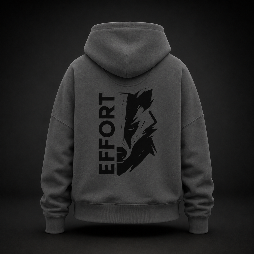 Rückansicht eines anthrazitfarbenen Damen Bio-Hoodies mit schwarzem EFFORT badger Print
