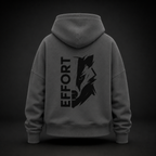Rückansicht eines anthrazitfarbenen Damen Bio-Hoodies mit schwarzem EFFORT badger Print
