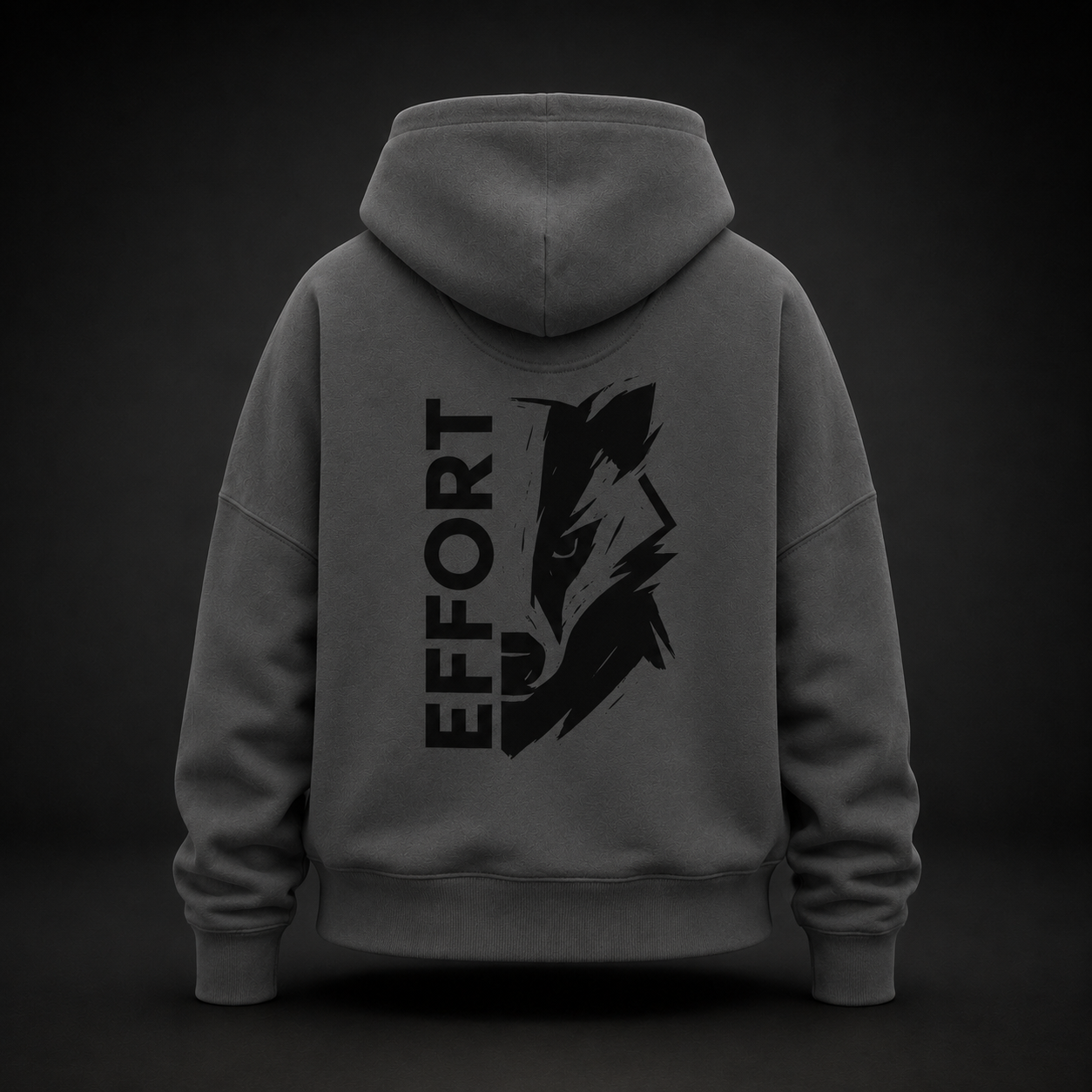 Rückansicht eines anthrazitfarbenen Damen Bio-Hoodies mit schwarzem EFFORT badger Print
