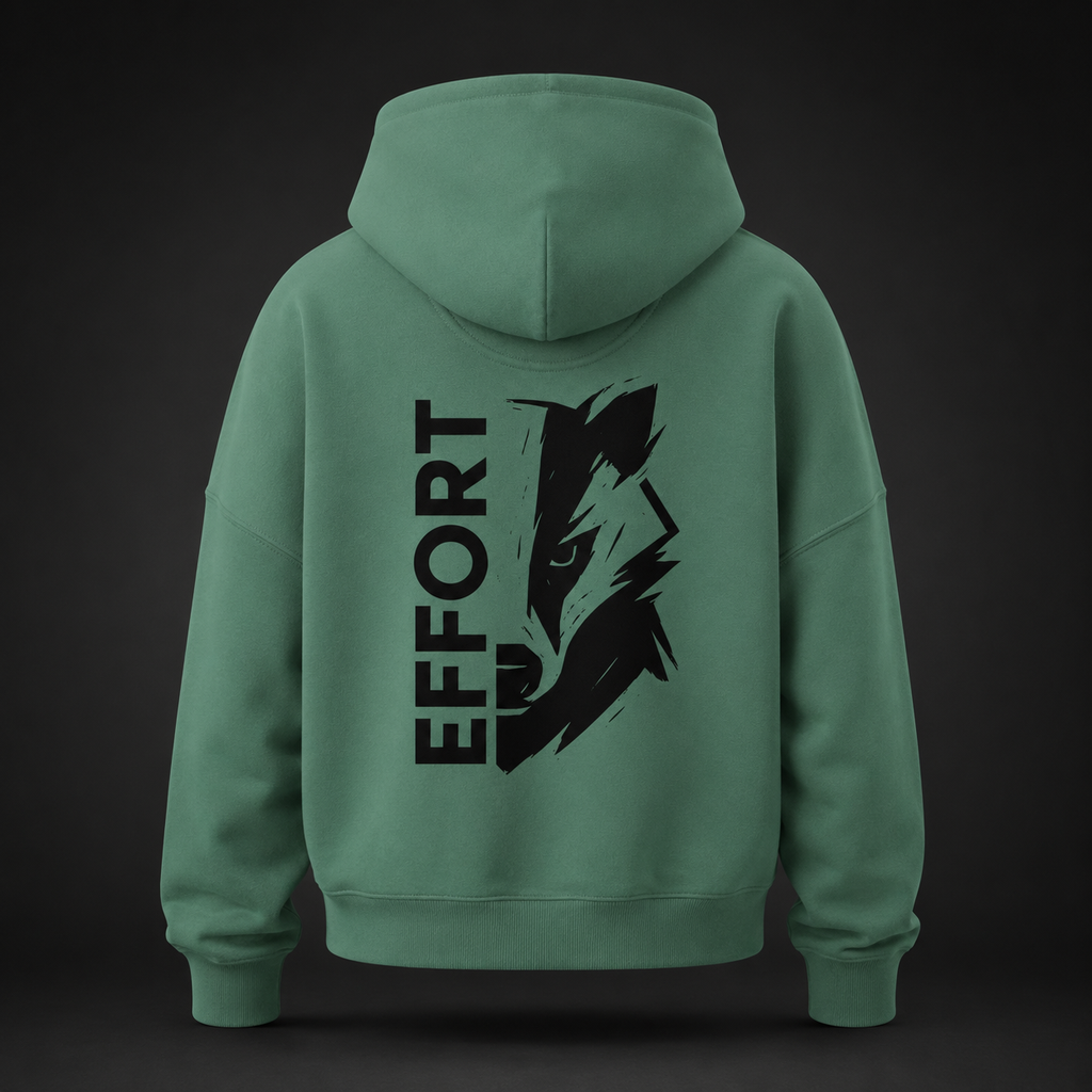 Rückansicht eines Damen Bio-Hoodies in Green Bay mit schwarzem EFFORT badger Print