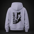 Rückansicht eines lavendelfarbenen Damen Bio-Hoodies mit schwarzem EFFORT badger Print
