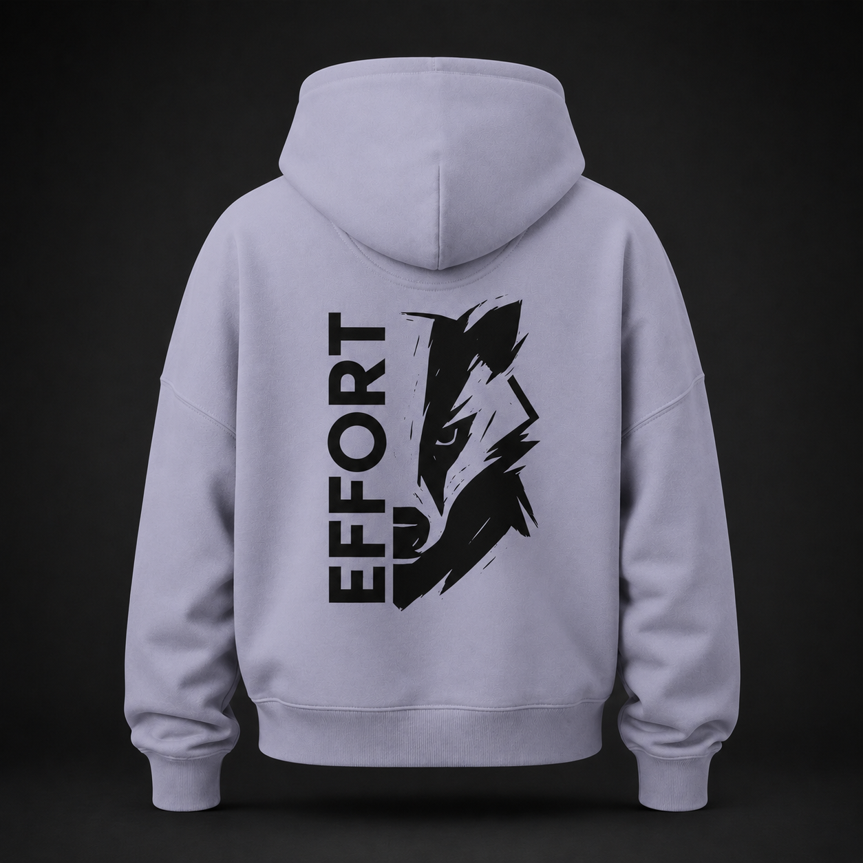 Rückansicht eines lavendelfarbenen Damen Bio-Hoodies mit schwarzem EFFORT badger Print
